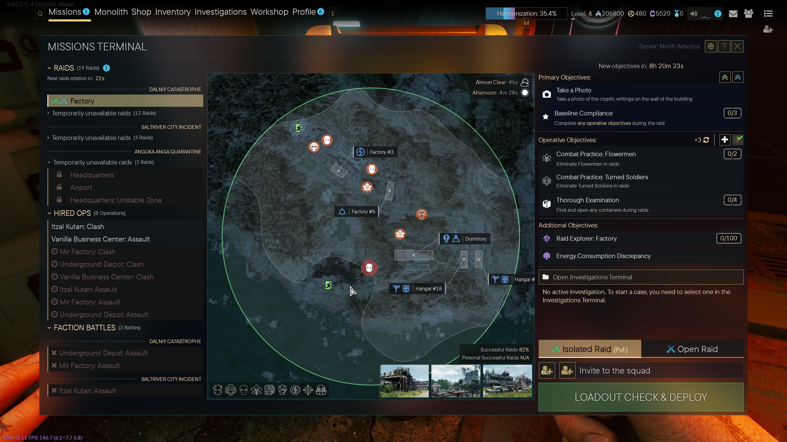 Video game missions terminal showing the Factory raid map, objectives, mission lists, and “Loadout Check & Deploy” button.