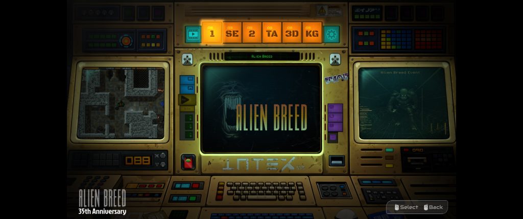A weathered retro arcade cabinet displays “Alien Breed” on its glowing center screen, flanked by dark sci-fi monitors and colourful controls; nostalgic, ominous mood.