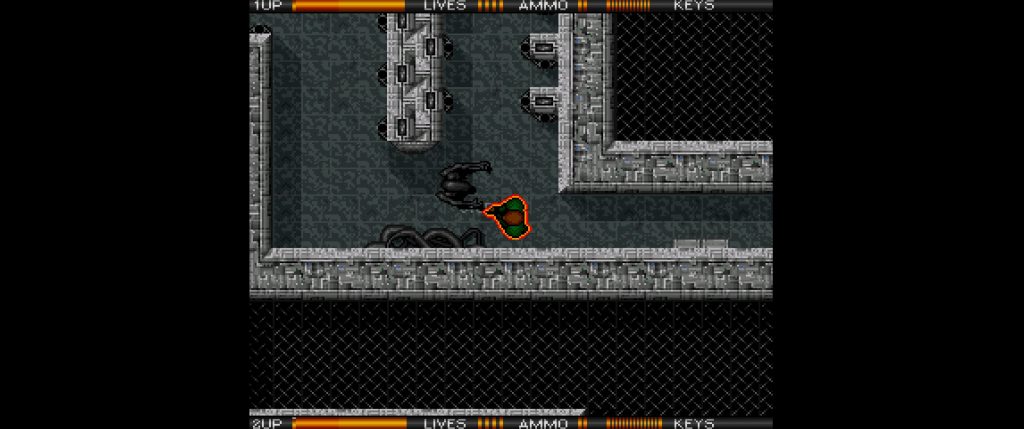 Pixelated top-down action game in a dark industrial corridor, with a green, orange-outlined character near machinery and health, ammo, and key bars.