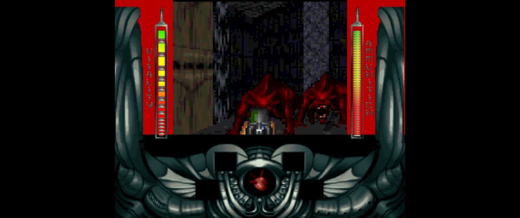 A dark retro game screen shows a red, horned creature looming over a metallic winged skull, flanked by vertical coloured status bars; ominous mood.