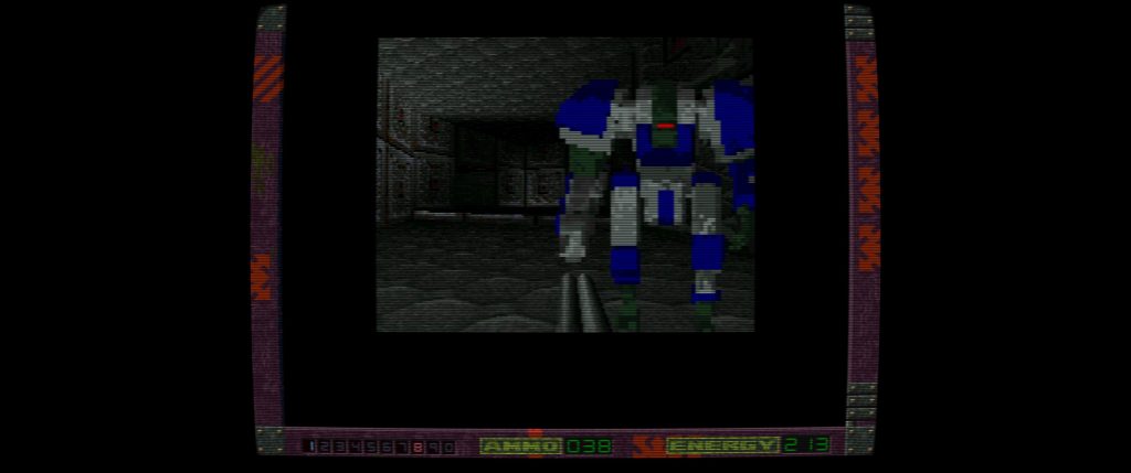 Retro pixel-art sci-fi game screen shows a blue-and-green armored figure in a dim stone corridor, framed by red side gauges and an ammo and energy HUD.