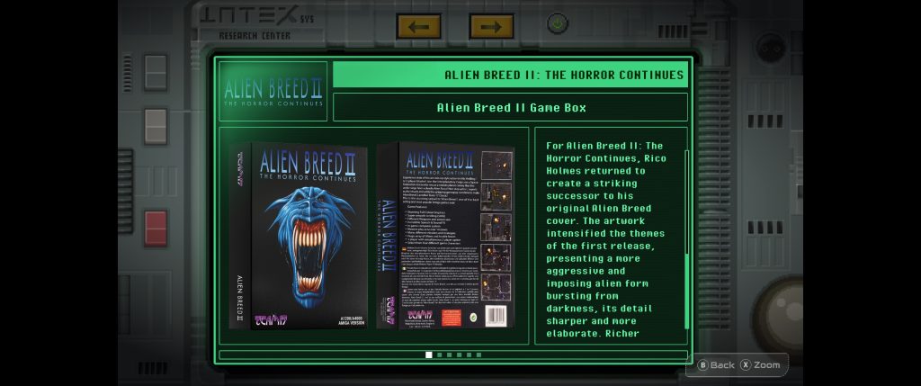 A retro sci-fi computer screen displays the Alien Breed II: The Horror Continues game box, with a monstrous blue face, game details, and a green-on-black interface.