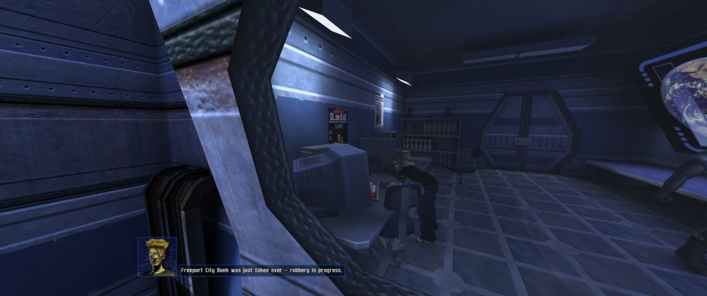 A lone figure crouches beside a control console in a dim, blue-lit room, with futuristic machinery and a dialogue subtitle adding a tense mood.