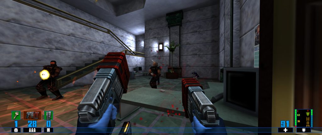 First-person shooter view in a grey industrial corridor, with a gun aimed at armed enemies near a staircase; tense, futuristic combat scene.
