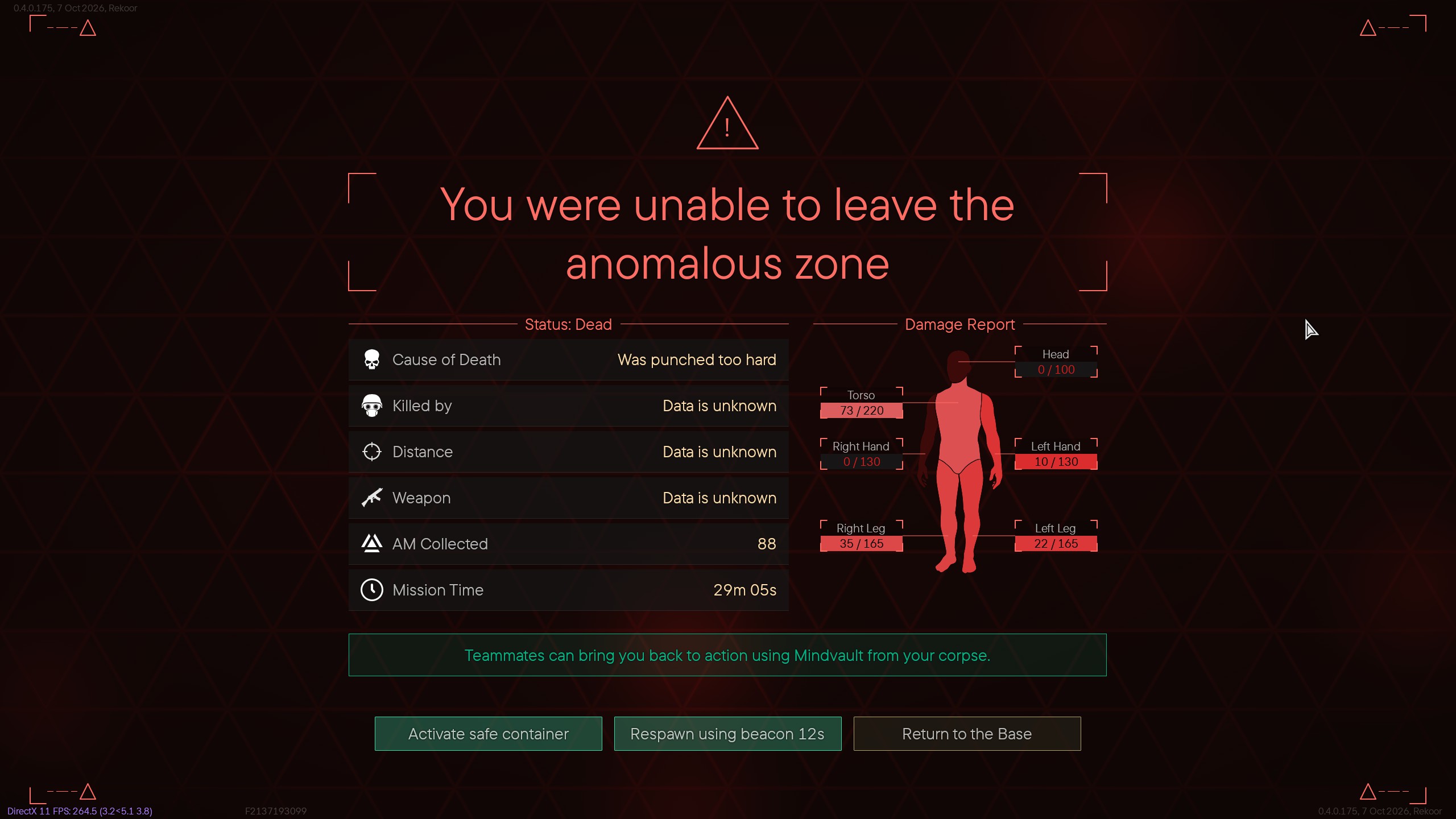 Video game death screen stating “You were unable to leave the anomalous zone,” with damage report and respawn options.