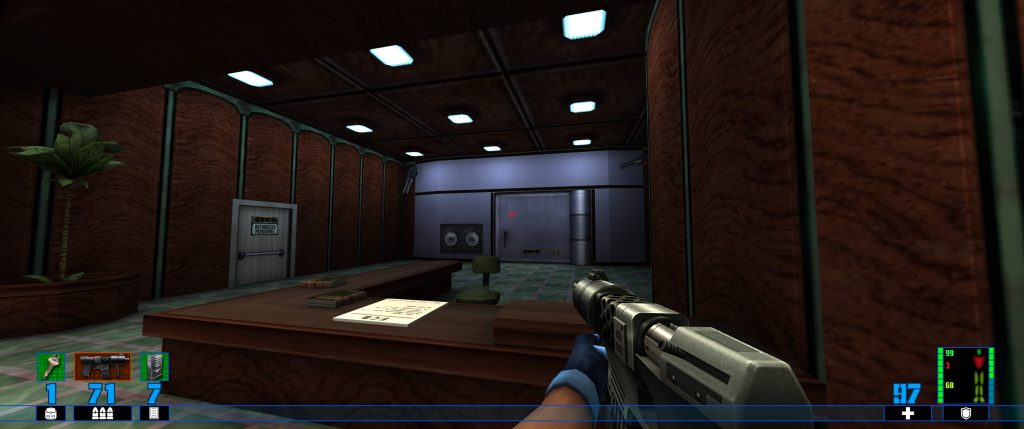 First-person shooter view of a shotgun aimed across a dim, wood-panelled office counter toward a closed door; HUD icons and ammo numbers frame the tense scene.