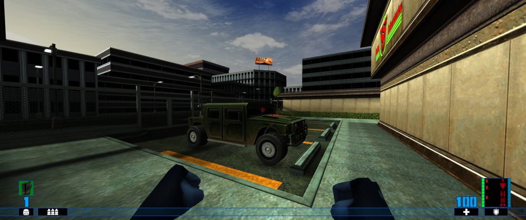 A first-person view in SiN Reloaded shows a dark military jeep parked in a bay beside an office hq, with gloved hands and HUD visible; the scene feels tense and tactical.