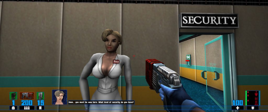 A first-person shooter scene shows a woman in a grey uniform beside a “SECURITY” doorway, while the player aims a gun; game HUD frames the tense scene.