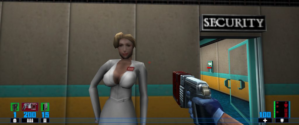 A blonde woman in a grey uniform stands by a “SECURITY” doorway as the player aims a gun; blue HUD displays ammo and health.