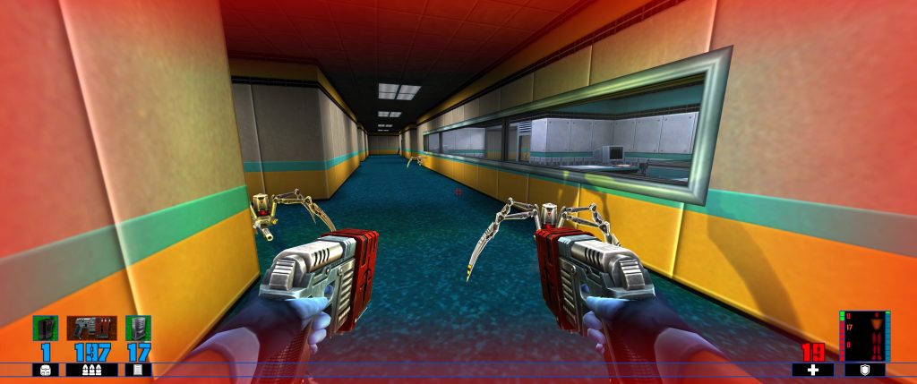 First-person shooter view down a brightly coloured sci-fi corridor, with dual pistols aimed ahead and a teal-lit window; tense, action-game atmosphere.