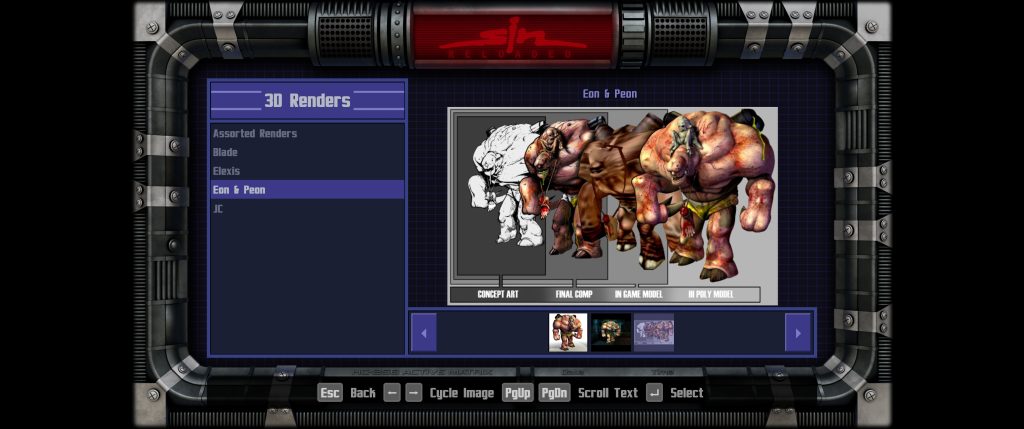 Screenshot shows a lineup of muscular fantasy fighters beside a “3D Renders” menu, framed by dark metal controls and glowing red accents.
