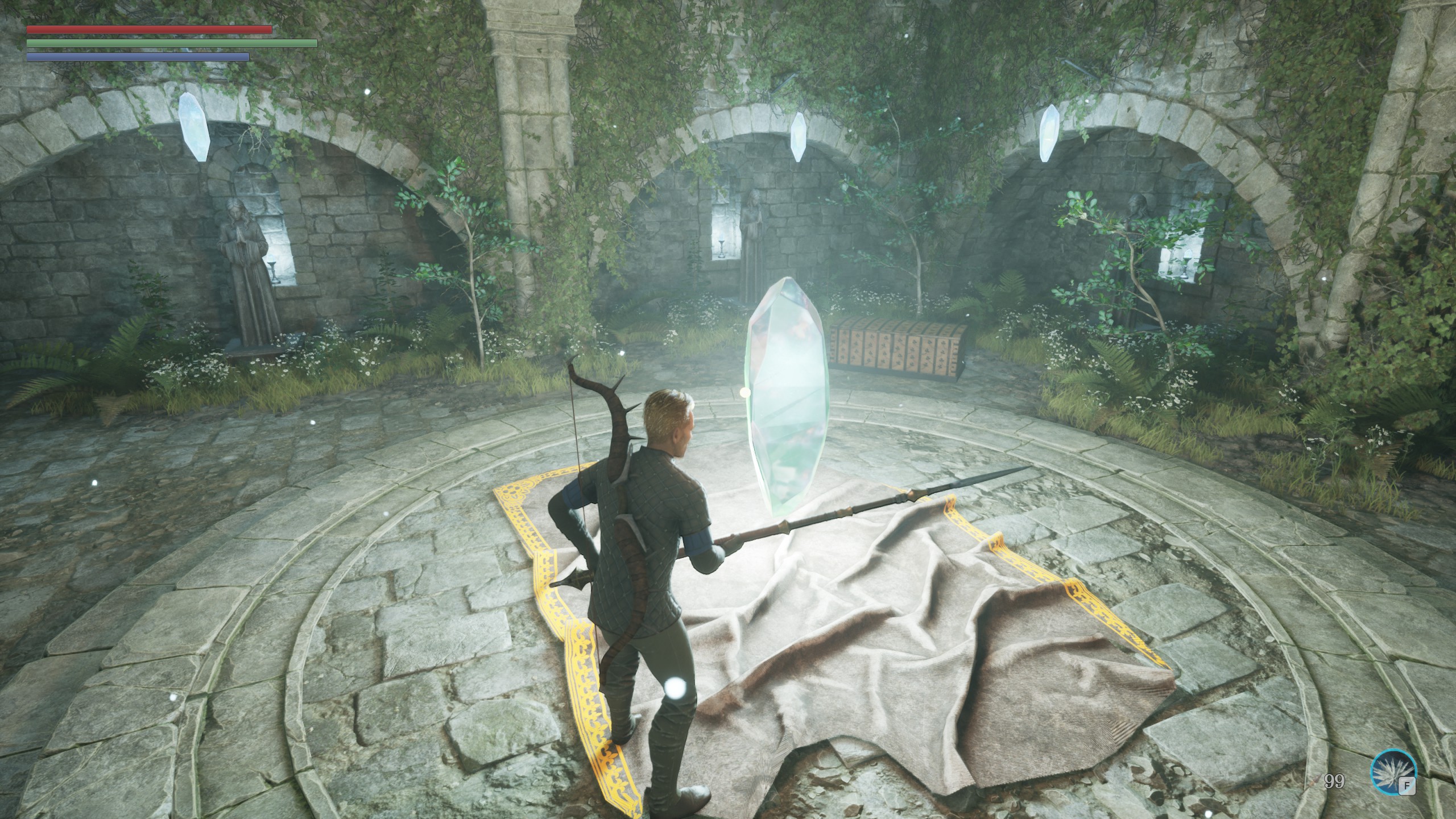 Third-person fantasy game scene showing a warrior with sword and shield in a glowing crystal-lit stone courtyard.