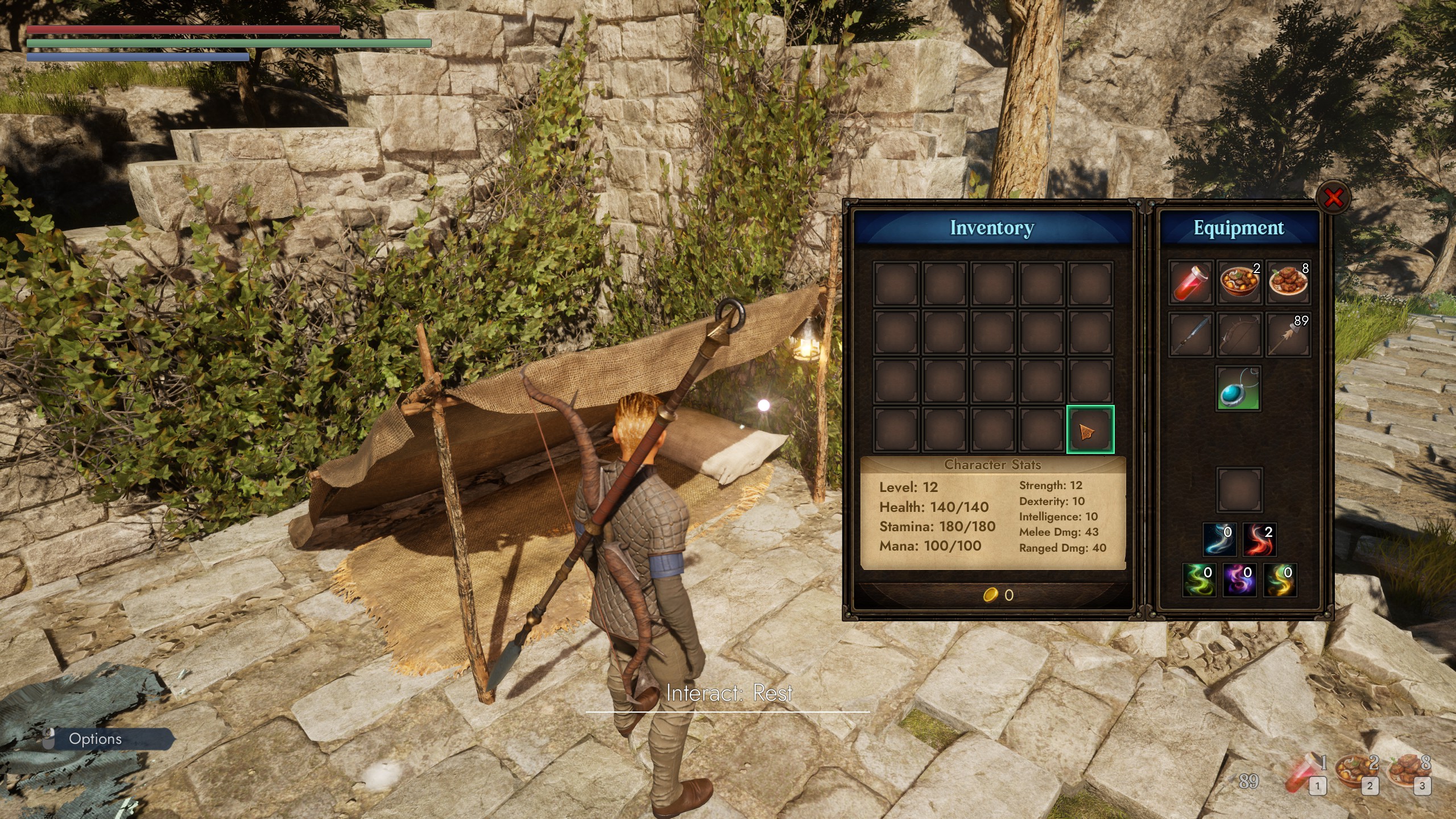 Third-person fantasy game character rests beside a campsite, with inventory, equipment, stats, and health bars displayed.