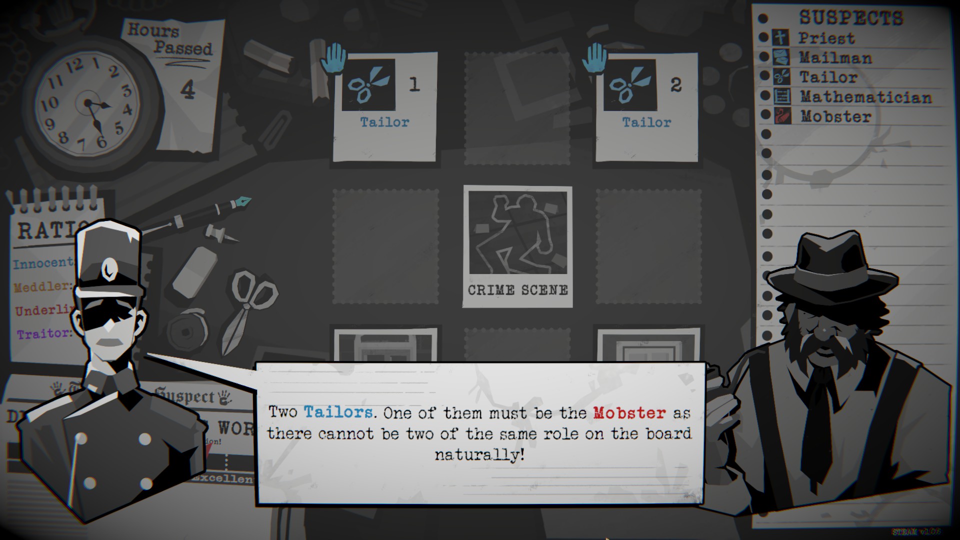 A noir-style mystery board shows two Tailor cards, a suspect list, and shadowy detectives; a clue says one Tailor is the Mobster, adding intrigue.
