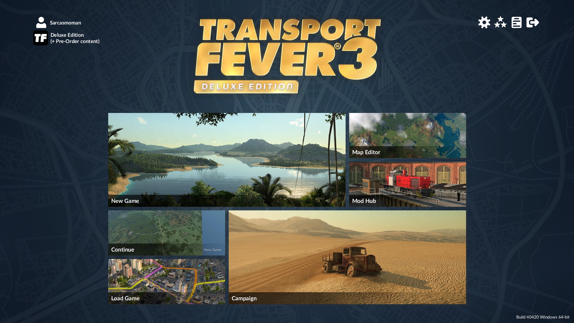 Transport Fever 3 Deluxe Edition is written at the top of the screen. There are some boxes on the screen with options to select. This is the main menu for the game. New game, Map Editor, Mod Hub, Contine, Load Game and Campaign. Plenty to choose from.