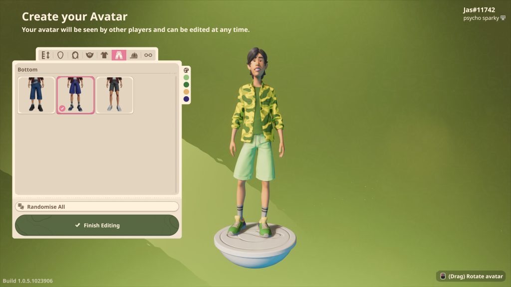 A game avatar editor shows a customizable character in a green patterned jacket and shorts on a floating platform, beside outfit options.