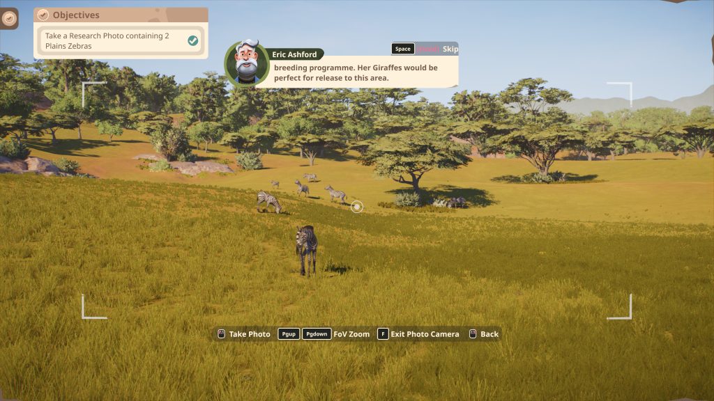 A lone researcher faces zebras in a golden savanna dotted with acacia trees; game prompts mention wildlife photography and a breeding programme.