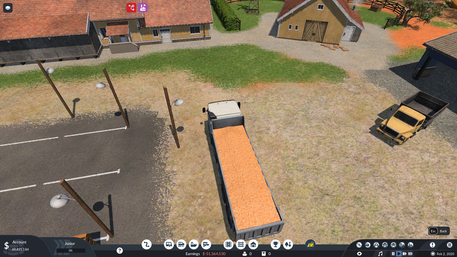 An open topped lorry drives past a car park on its way to deliver goods. A red icon at the top of the screen indicates that I have messed something up.