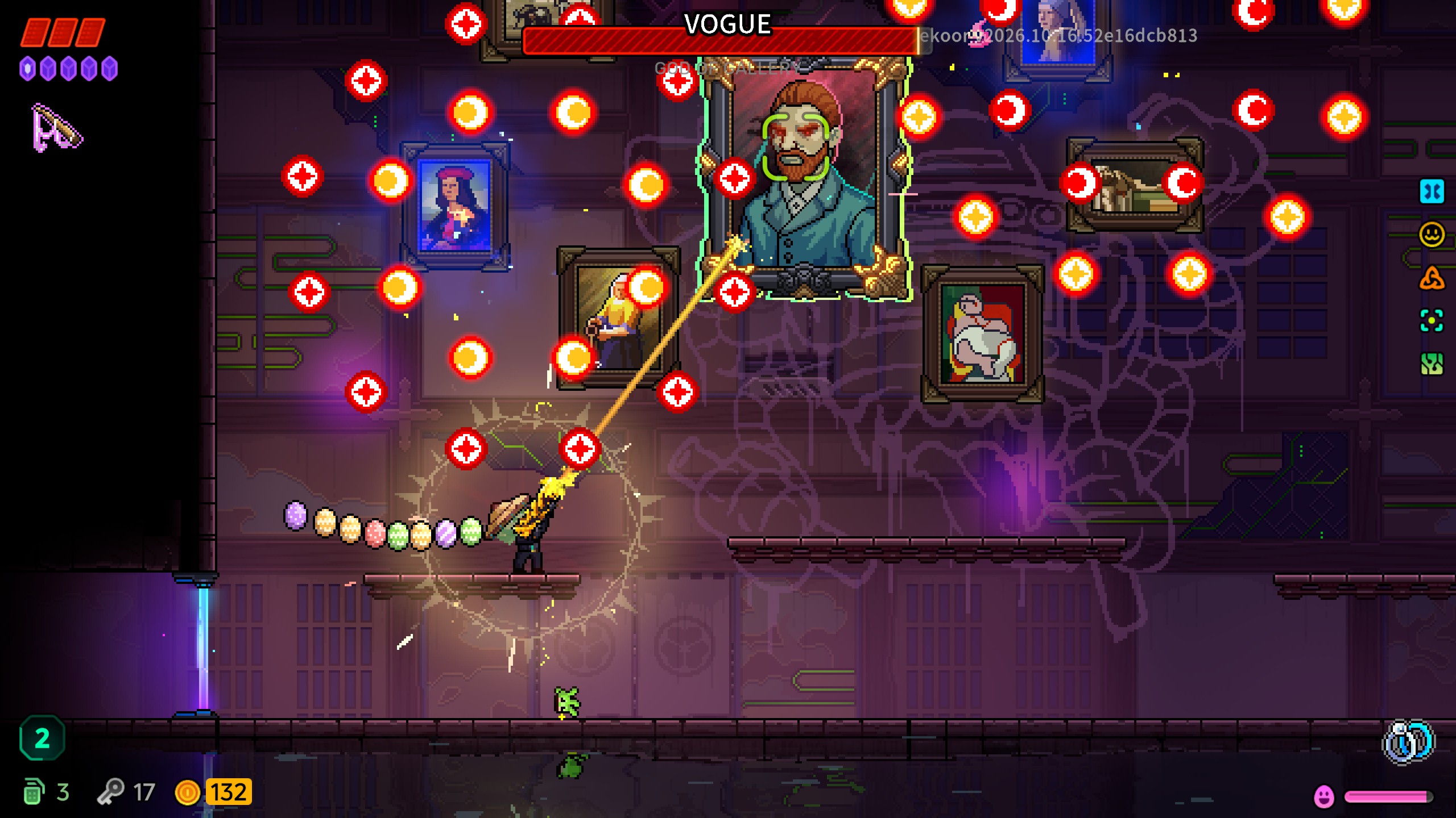 Pixel-art game scene: a character fires upward at a floating portrait boss labeled “VOGUE,” amid glowing projectiles and framed artwork.