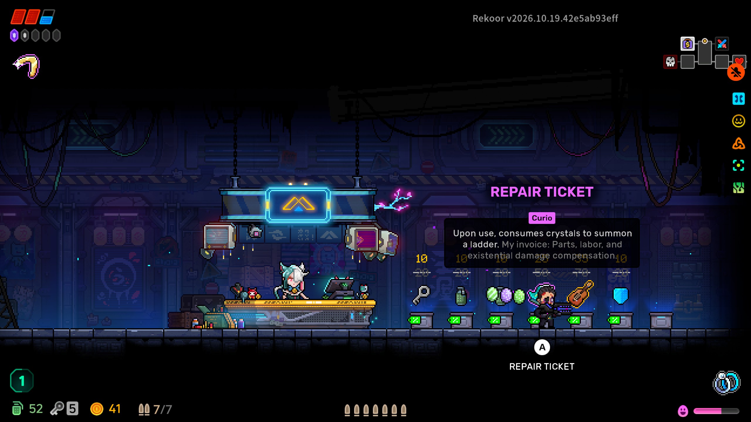 Pixel-art game shop screen showing a repair-ticket vendor, item inventory, and tooltip describing a ladder-summoning curio.