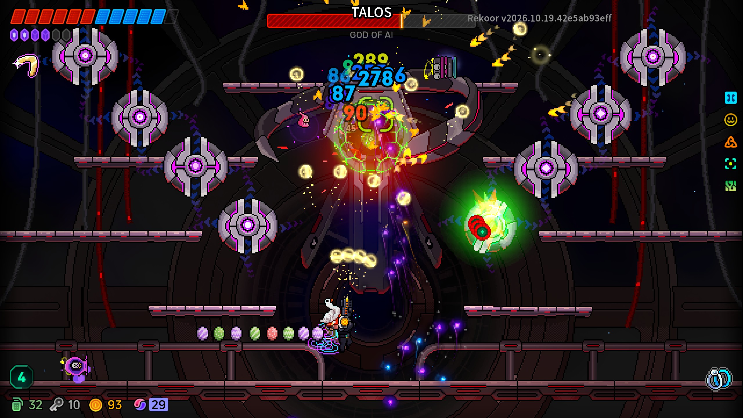 Pixel-art boss fight against Talos, with a player attacking the giant mechanical God of AI amid platforms, projectiles, and damage numbers.