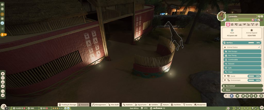 A night-time scene shows a red-and-green temple wall, with a highlighted giraffe near a lamplit path; the mood is quiet and mysterious.