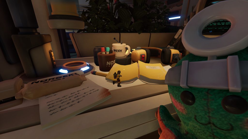 Stylized sci-fi cockpit desk with potted plants, coffee mugs, papers, tools, and a small astronaut figurine.