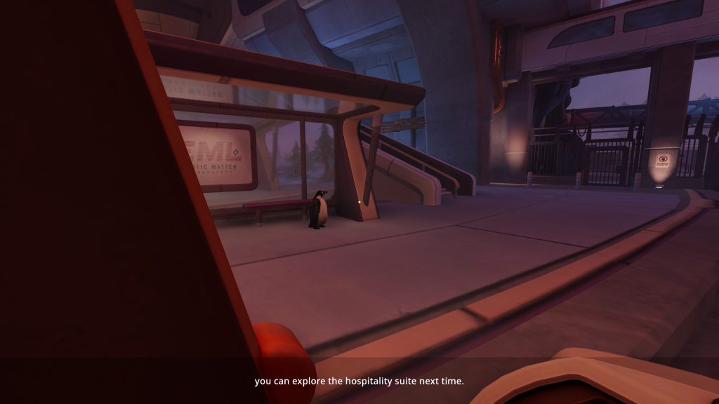 Stylized industrial interior with a penguin beside railings, pipes, and a sign reading “EML: Ethics Matter Laboratory.”