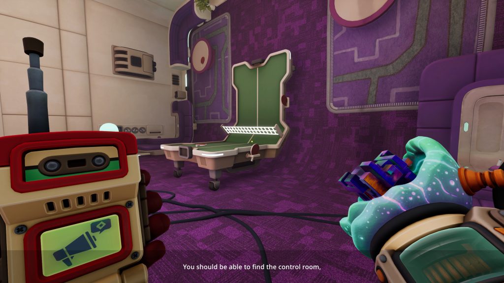 Futuristic purple control room with a green medical chair, wall panels, cables, and a first-person game interface.