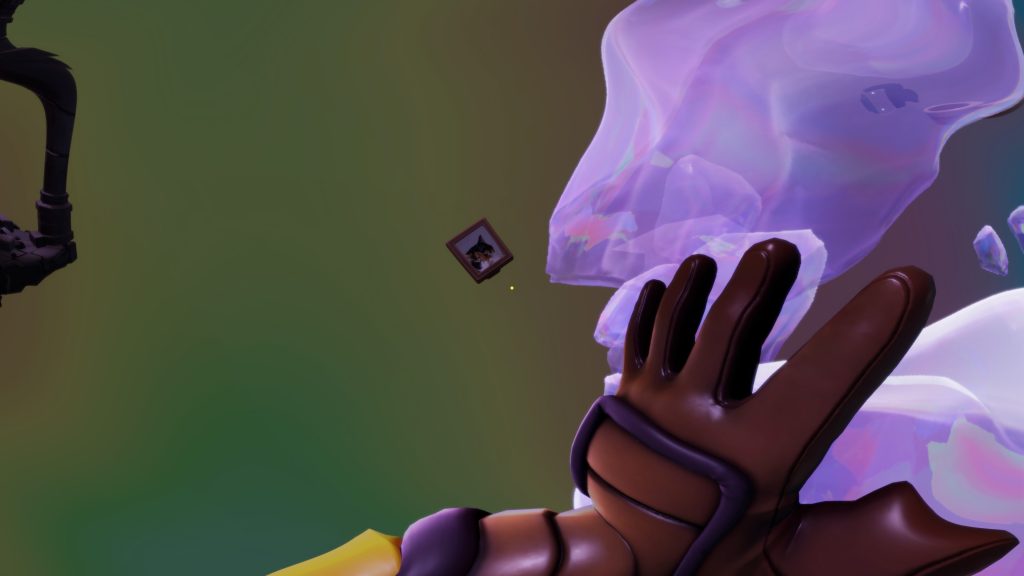 Stylized scene with a giant purple translucent figure reclining in a chair beside a small framed cat picture and dark pipe.