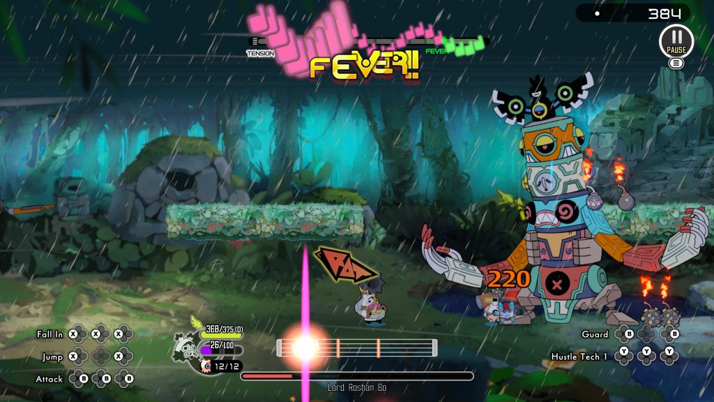 Video game battle in a rainy jungle, with a giant robot boss, combat HUD, health bars, and “FEVER!” displayed.