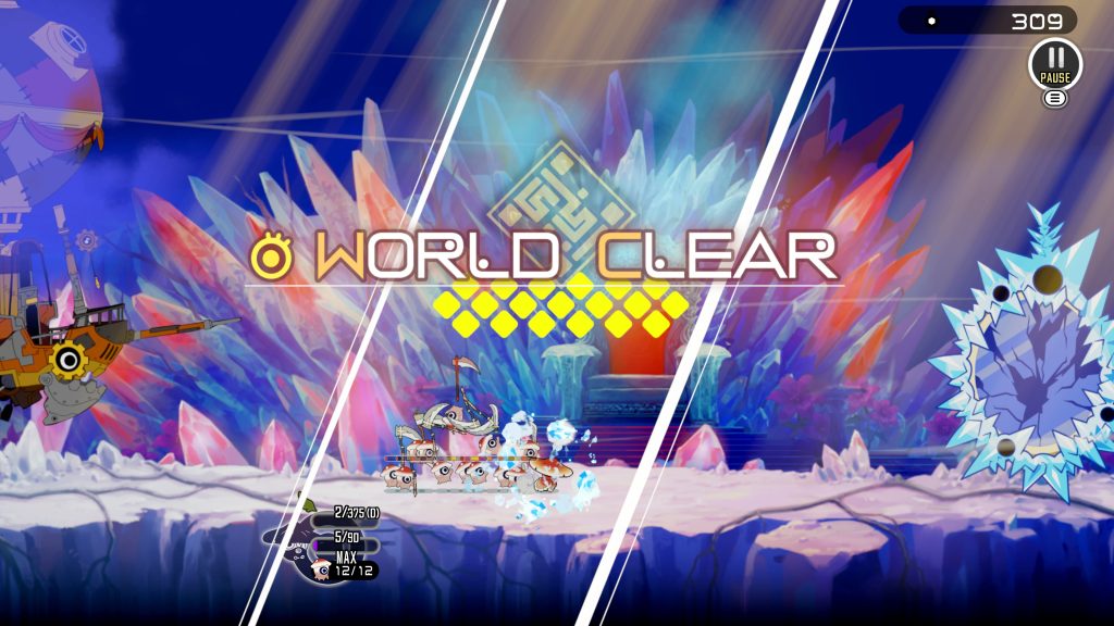 Colorful side-scrolling game scene in a crystal cavern, with cartoon characters battling beneath “WORLD CLEAR” text.