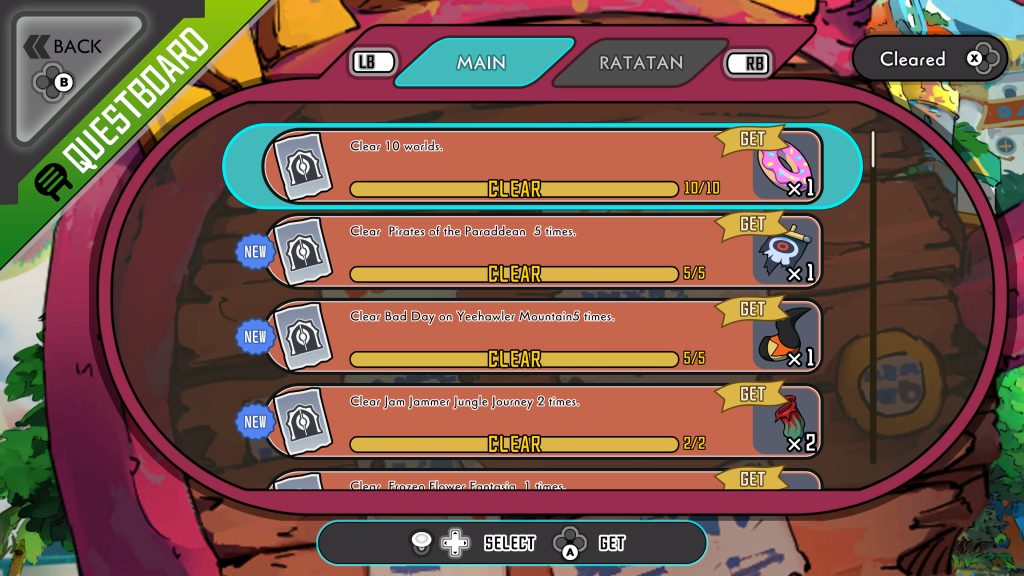 Video game challenge menu showing completed objectives, including clearing 10 words and several adventure stages.