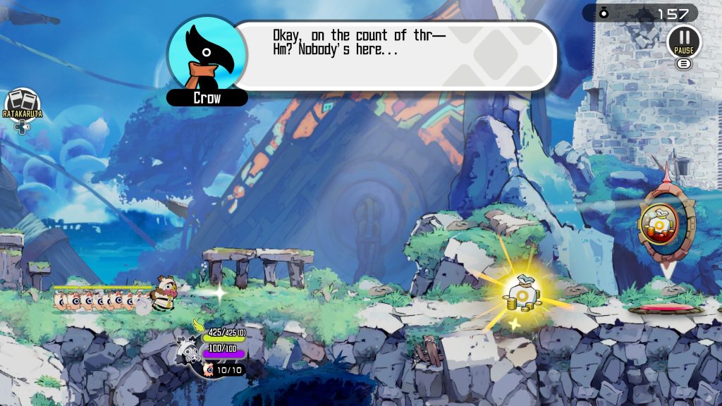 Gameplay screenshot of a colorful platformer showing Crow’s dialogue, a character, enemies, HUD, and a glowing coin in a ruined landscape.