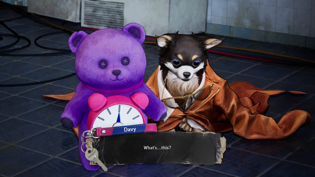 A purple teddy bear and small winged dog examine a key on a tiled floor; captions read “Davy” and “What’s…this?”