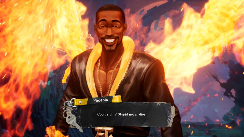 Illustrated smiling man in sunglasses and gold chains amid flames, with a keychain labeled “Phoenix” and text: “Cool, right? Stupid never dies.”