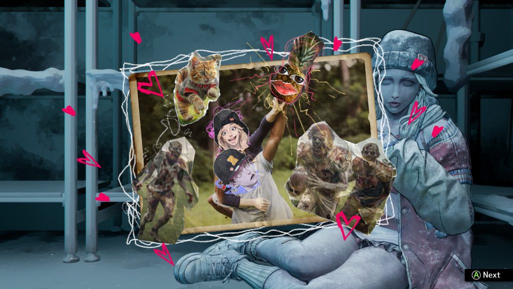 Collage of a sleeping blue-toned person, colorful cutout figures and animals, chalk doodles, pink hearts, and an “A Next” prompt.