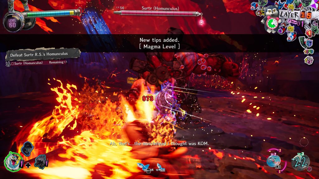 Video game battle against Surtr (Homunculus) in a fiery magma arena, with flames, combat effects, and HUD overlays.