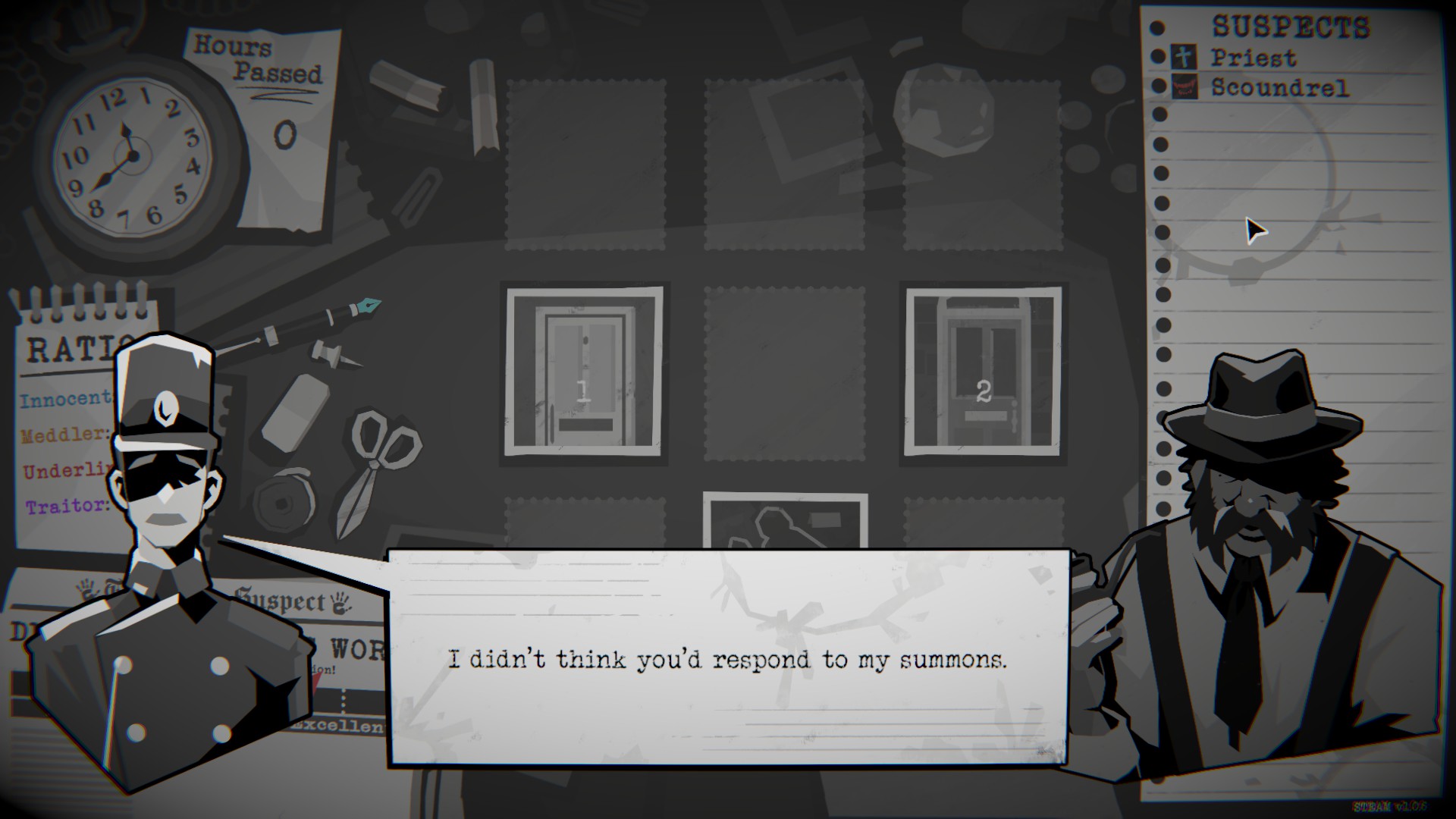 A moody noir detective scene shows a uniformed officer and fedora-wearing man before an evidence board; a dialogue box mentions a summons.