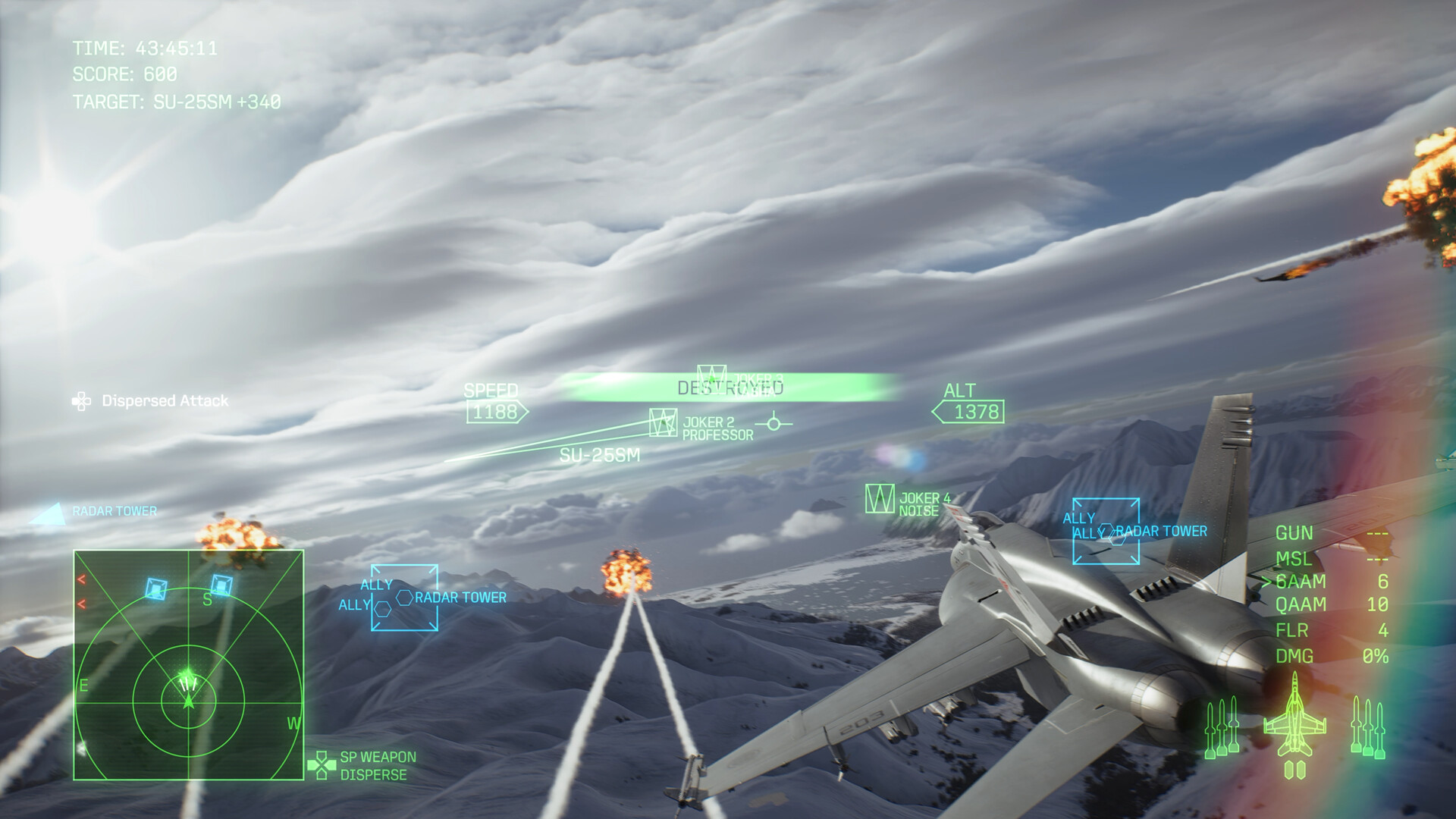The player's fighter jet fires two missiles towards an enemy in the distance. An explosion erupts above a mountain range.