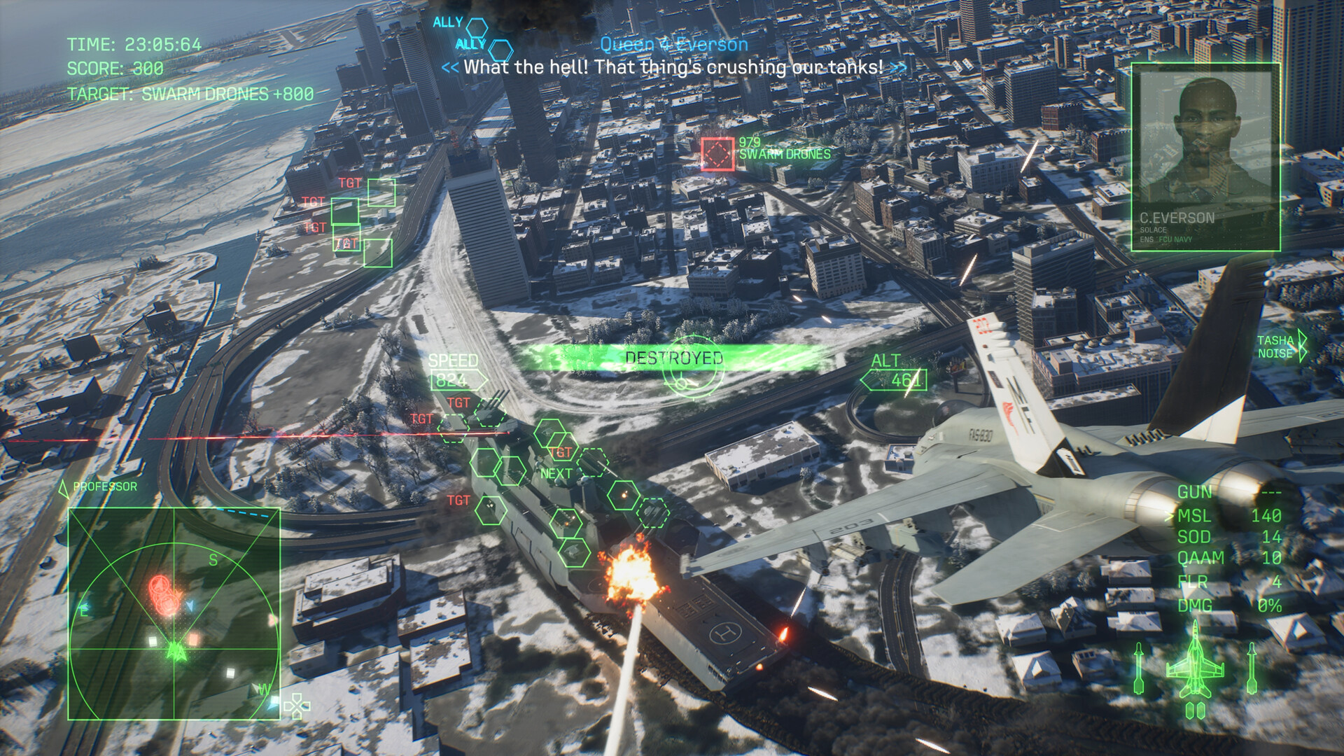 The player targets a land battleship making it's way through a city, leaving a path of destruction.