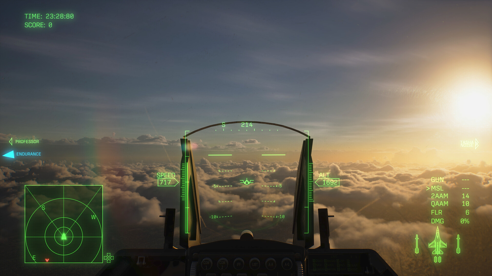 A first-person view inside a jet's cockpit. The sun is setting as the player is flying high above the clouds.