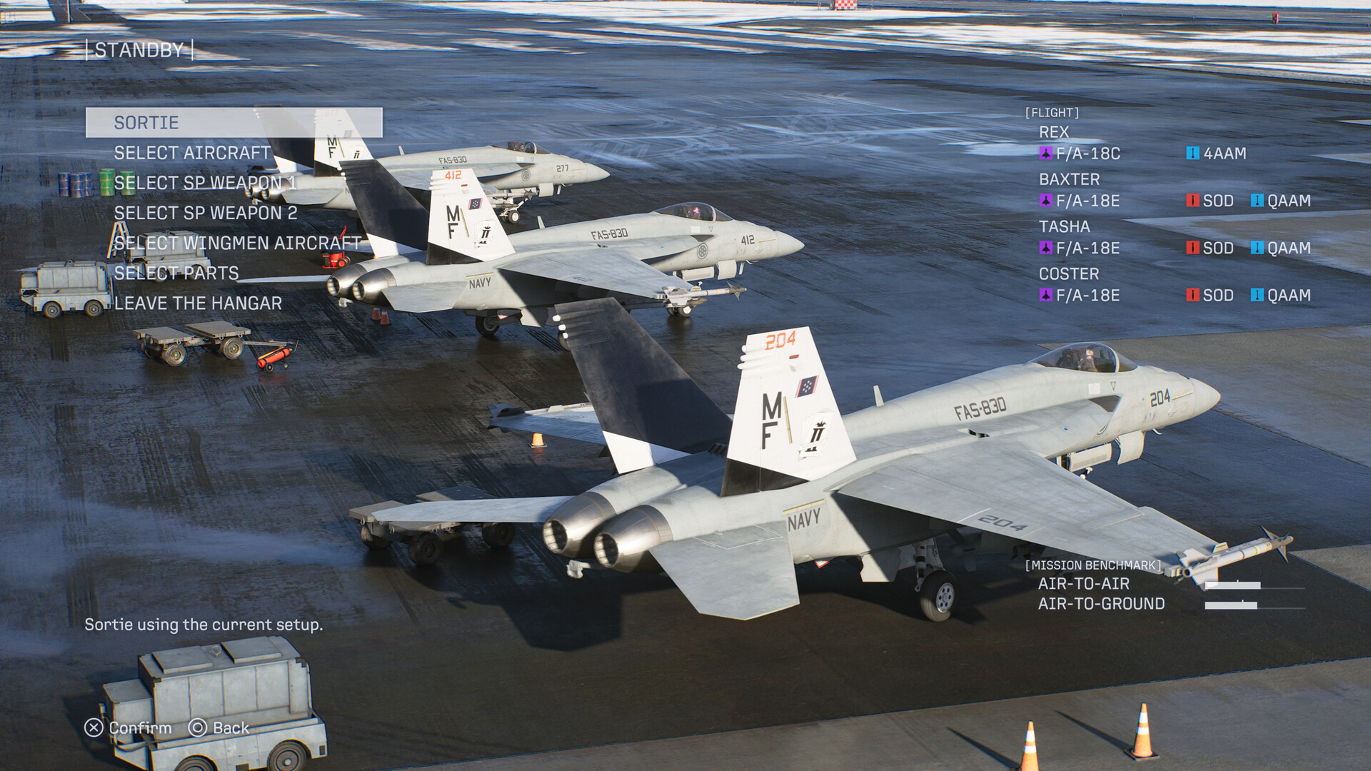A menu showing various options to customise the players jet. In the background, three aircraft can be seen parked close to a runway.