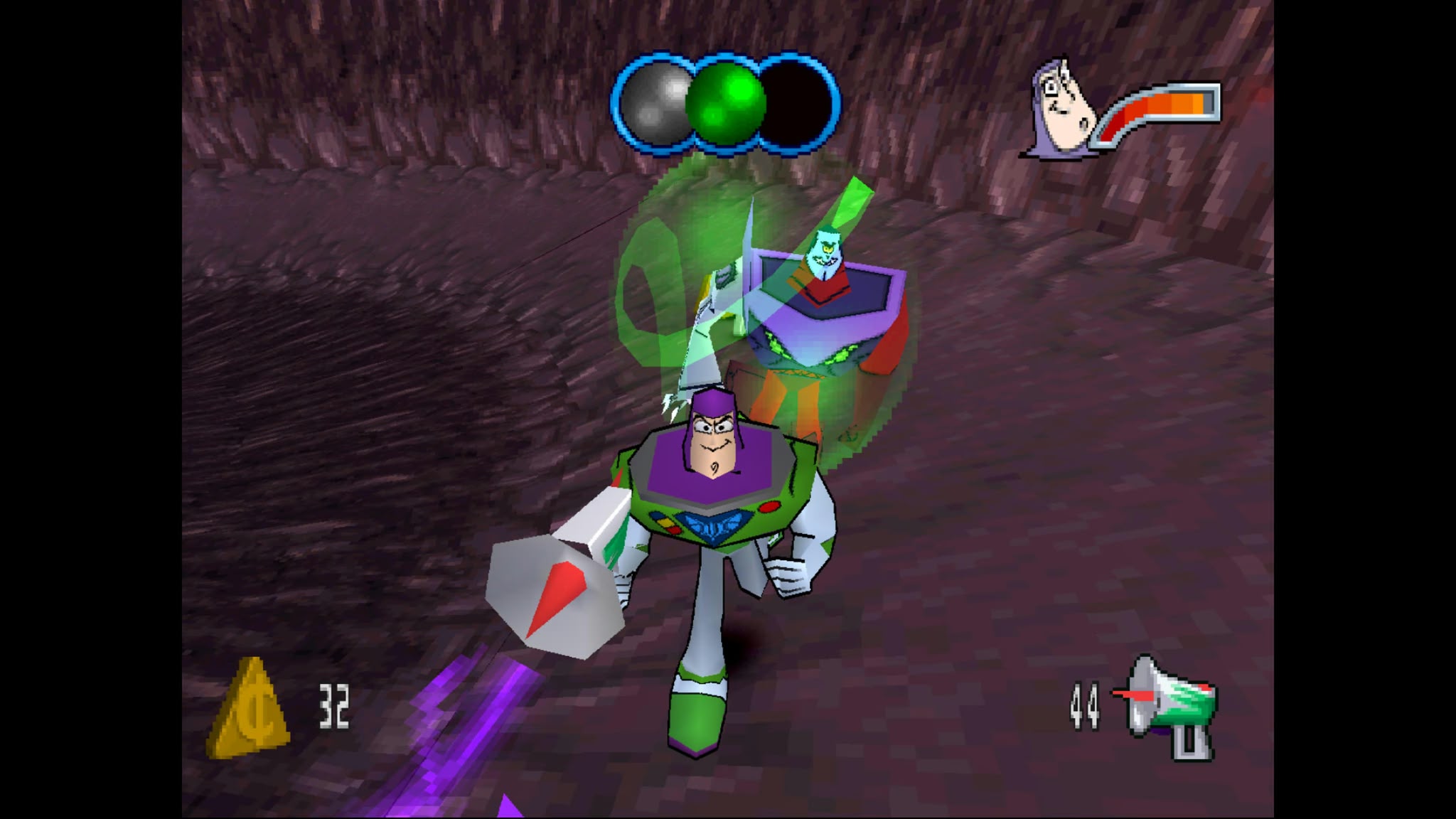 a 3rd person view of Buzz Lightyear moving away from Warp Darkmatter with health and ammo indicators visible on screen.