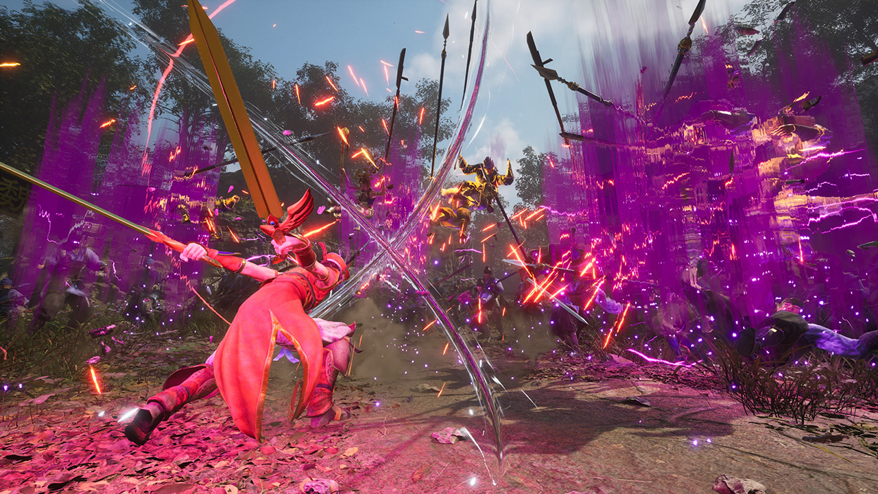 I character dual wielding swords, performs a cross attack against a group of enemies.