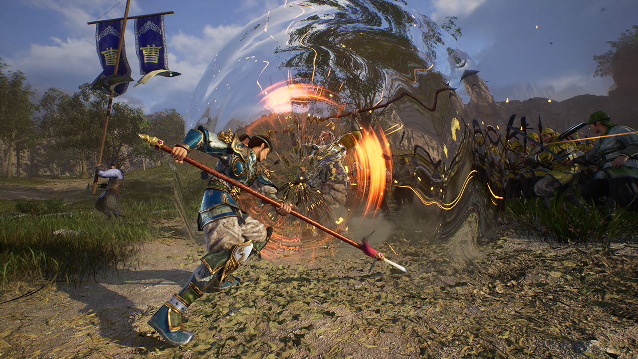 A character performs a shoulder attack, knocking back a small group of enemies.