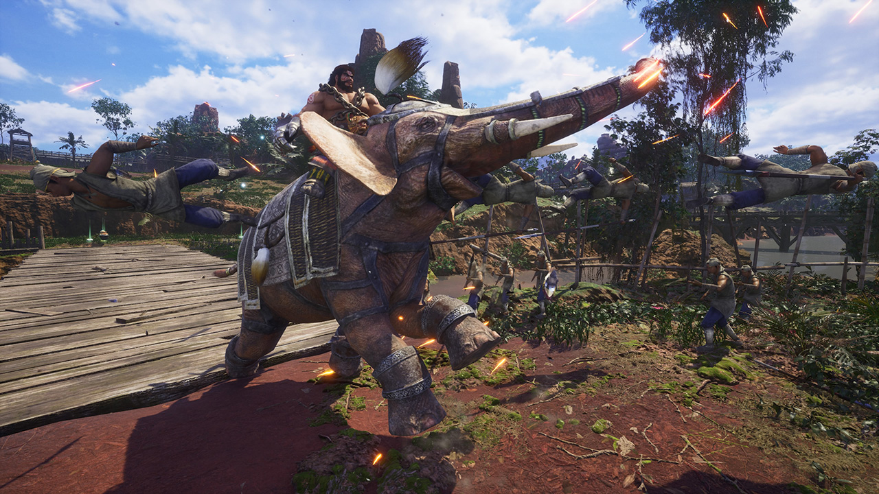 A character riding an elephant into battle.