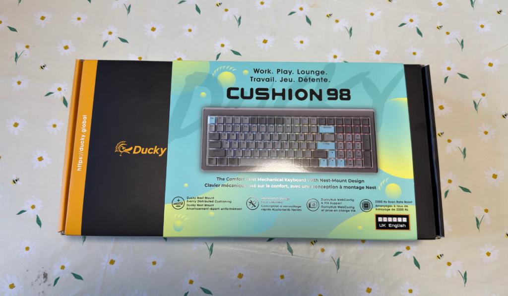 the ducky cushion keyboard in its box on a desk