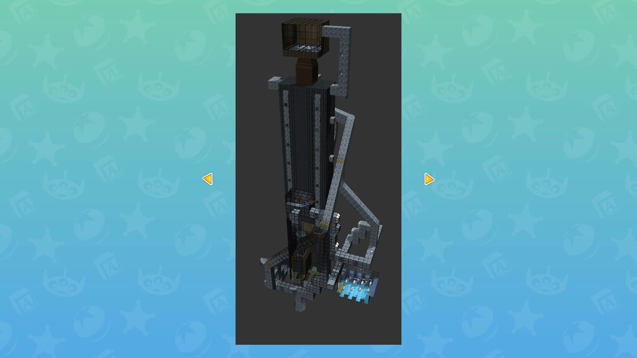 A tall, dark, multi-storey topography of the elevator level from Toy Story 2 featuring a central shaft, vents and a flooded electrical room all against a blue background.