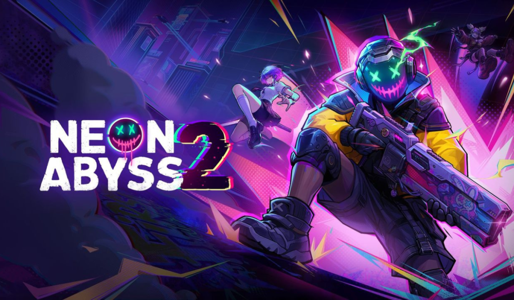 Neon Abyss 2 game artwork featuring a masked futuristic soldier with a rifle, airborne characters, and vibrant neon cyberpunk graphics.